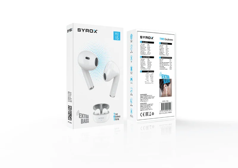 Căști TWS Syrox MX15 - Extra Bass, Control Tactil, BT 5.3, Autonomie Extinsă