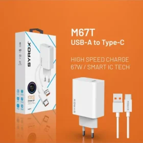 Încărcător de rețea Syrox M67T – 67W, USB-A, cu cablu Type-C, Turbo Fast Charging