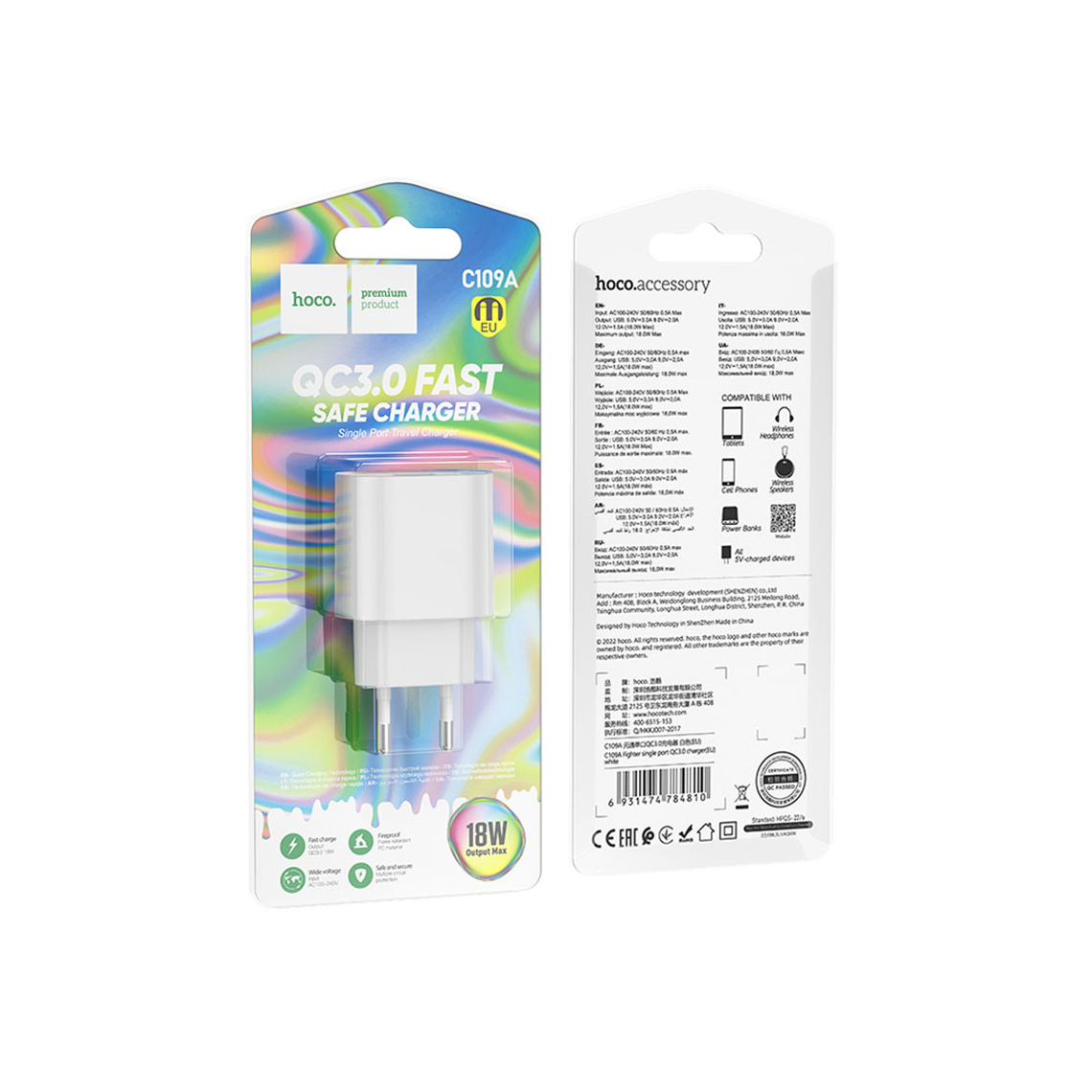 Încărcător Rețea Hoco C109A – 18W, 1x USB-A, QC 3.0, White
