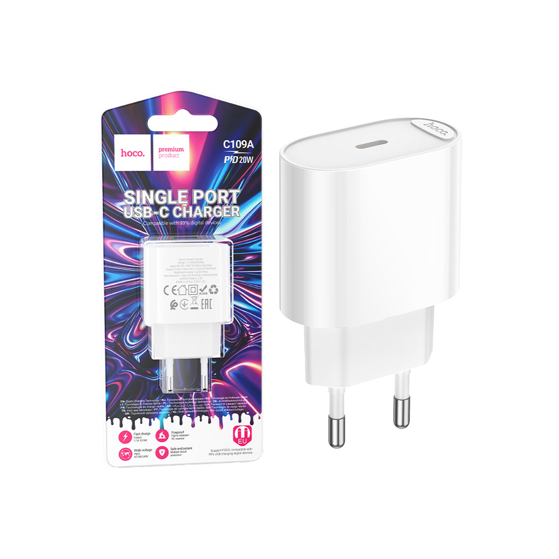 Încărcător Rețea Hoco C109A – PD20W, 1x USB-C, Fast Charge, White