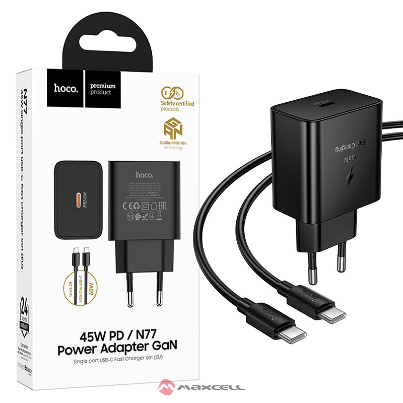 Încărcător Rețea Hoco N77 + Cablu USB-C 1m, GaN, PD45W, Fast Charge, Black