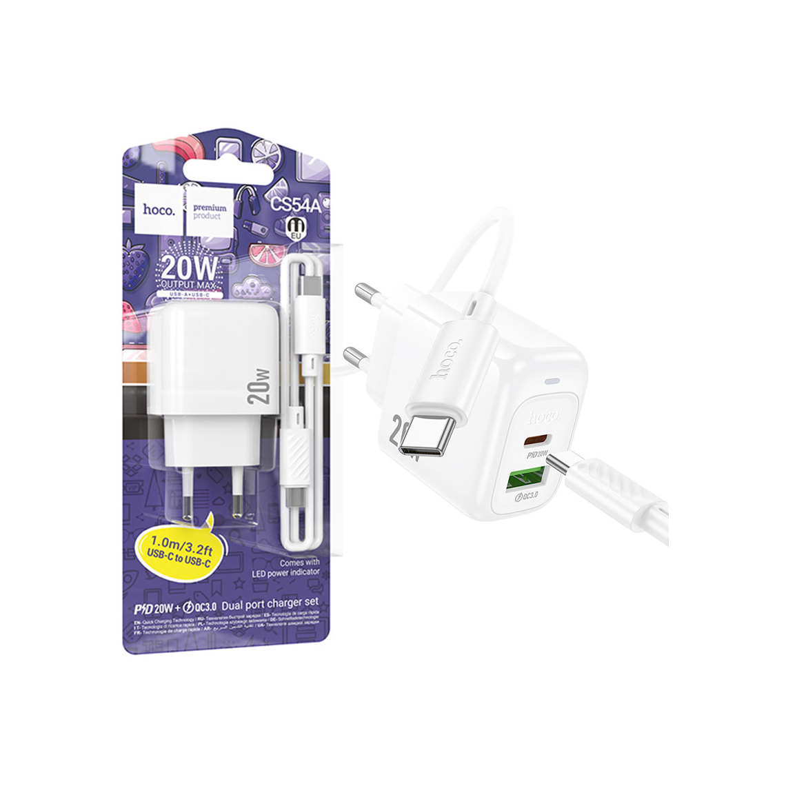 Hoco (CS54A) » Incarcator Retea, (PD25W+QC3.0) 1xUSB-C, 1xUSB, FastCharge, WHITE