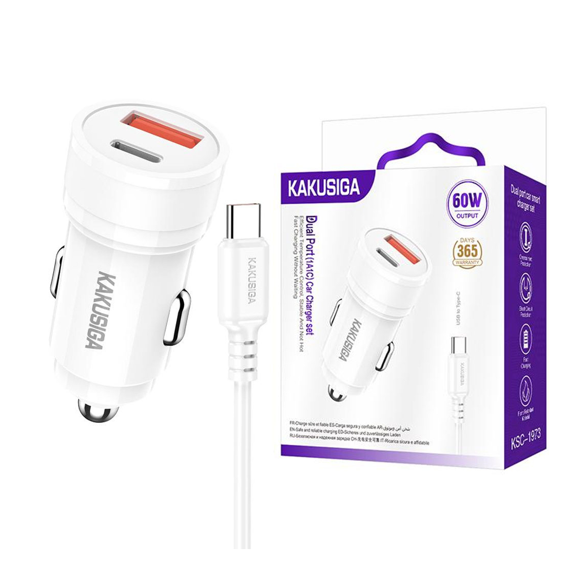 Kaku (KSC-1973) Incarcator Auto, PD60W, 1xUSB-C, 1xUSB + Cablu USB-C, 1m, White
