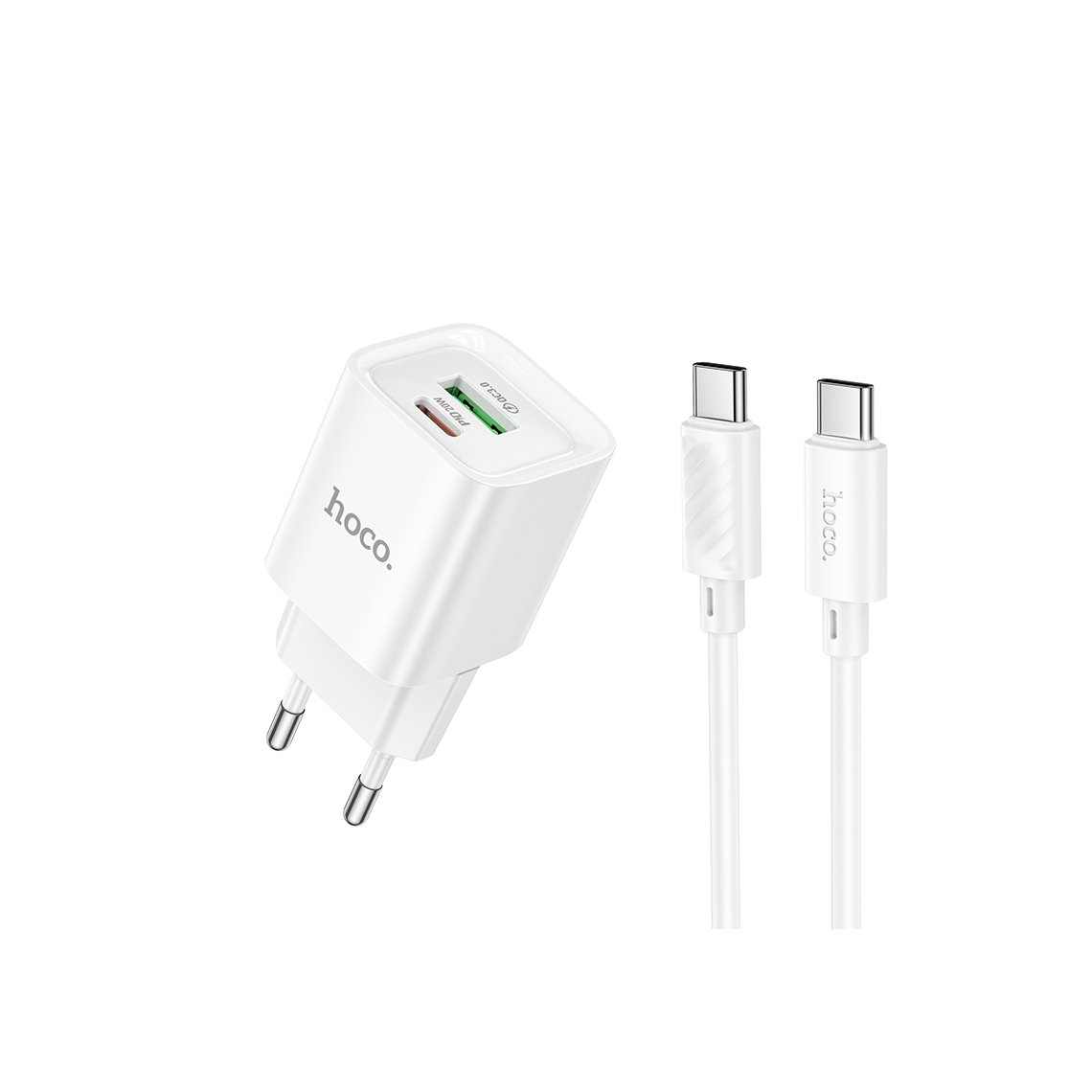 Incarcator Retea + Cablu USB-C, 1m, PD20W, 1xUSB-C, 1xUSB-A, White