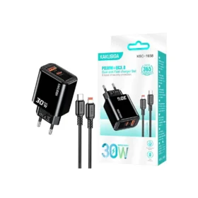 KAKUSIGA  Incarcator Retea + Cablu Lightning, 1m, (PD30W+QC3.0) 5V, 1xUSB, 1xUSB, Fast,