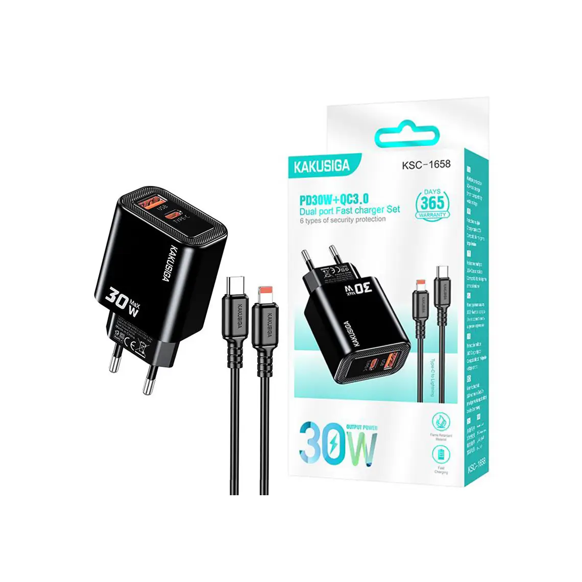 KAKUSIGA Incarcator Retea + Cablu Lightning, 1m, (PD30W+QC3.0) 5V, 1xUSB, 1xUSB, Fast,