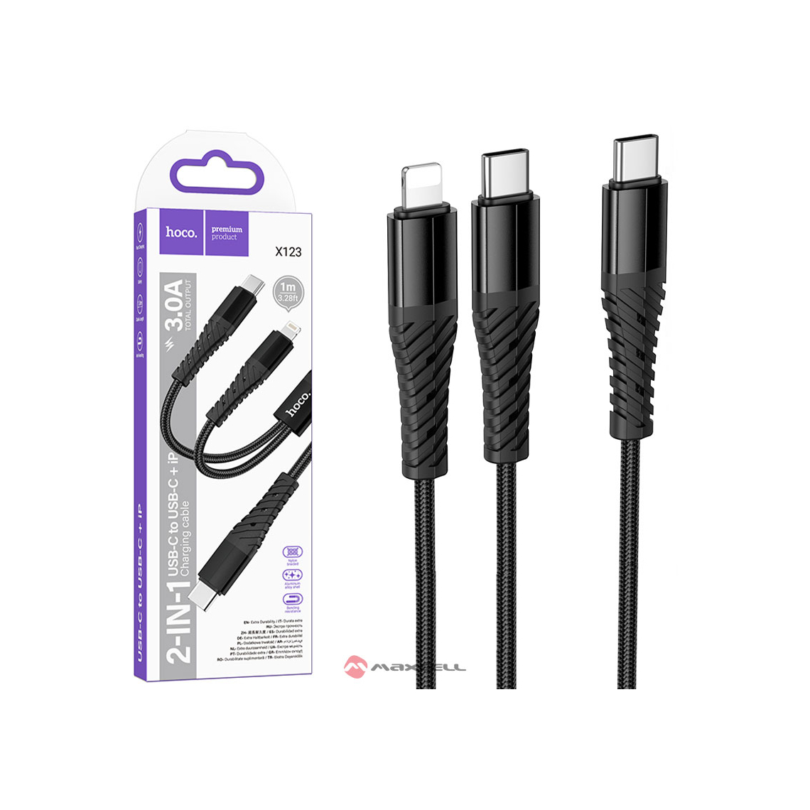 Cablu Date si Incarcare, USB-C la Lightning / USB-C, 2 in 1, Braided, FastCharge, 1m, Negru